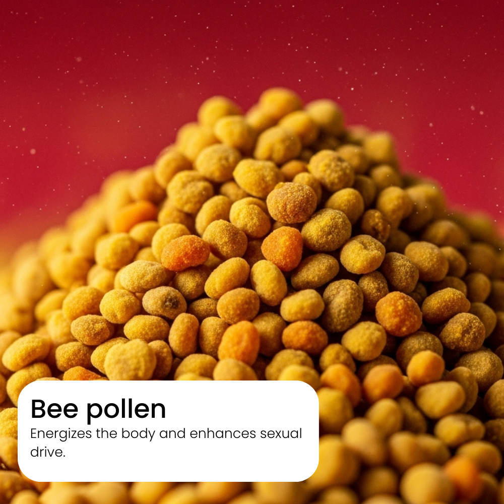 Pile of bee pollen with a red background and text about its benefits. bee pollen health benefits for men