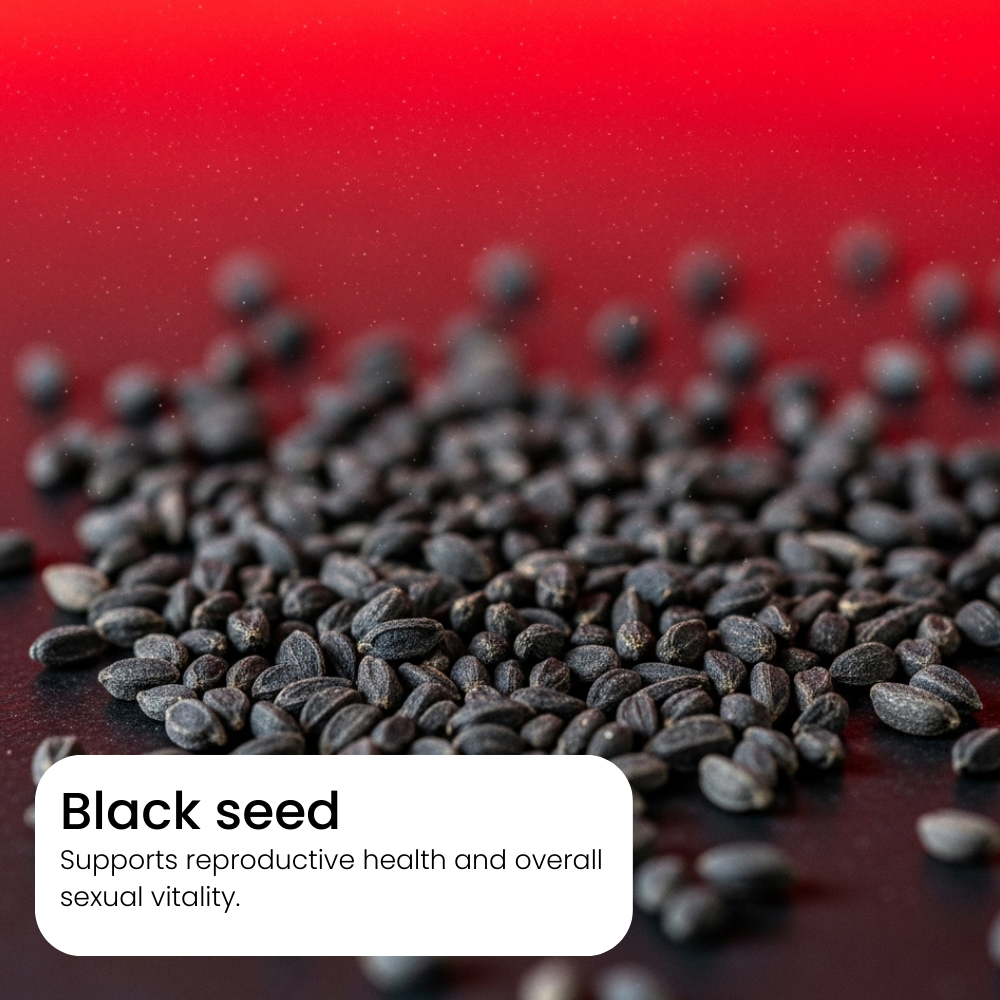 Black seeds with a red background and text about black seed's health benefits.