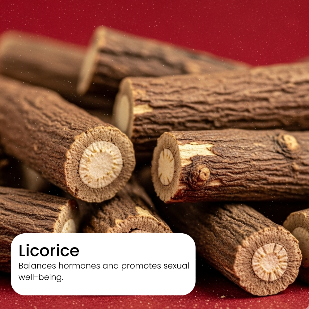 Close-up of licorice roots with a red background and text about licorice's benefits.