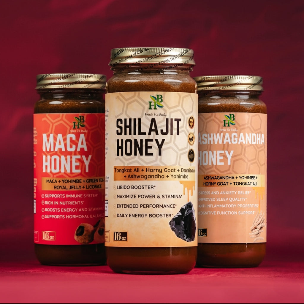 Three jars of different honey products on a red background