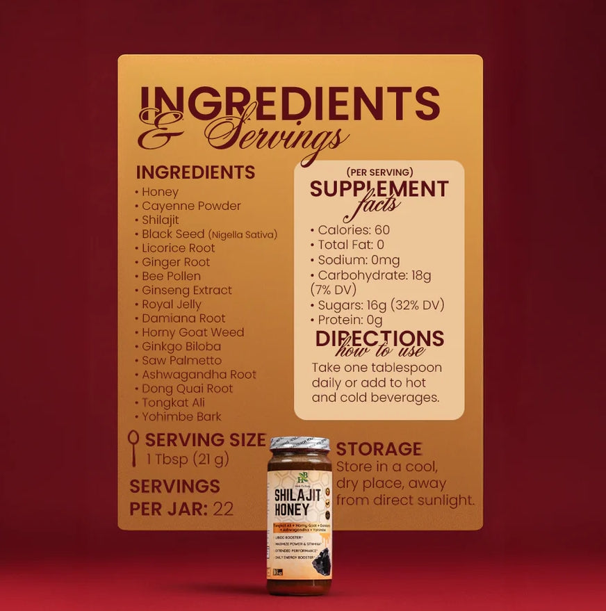 Supplement label with ingredients, supplement facts, and directions for use on a red background. shilajit honey health benefits for men's health and testosterone