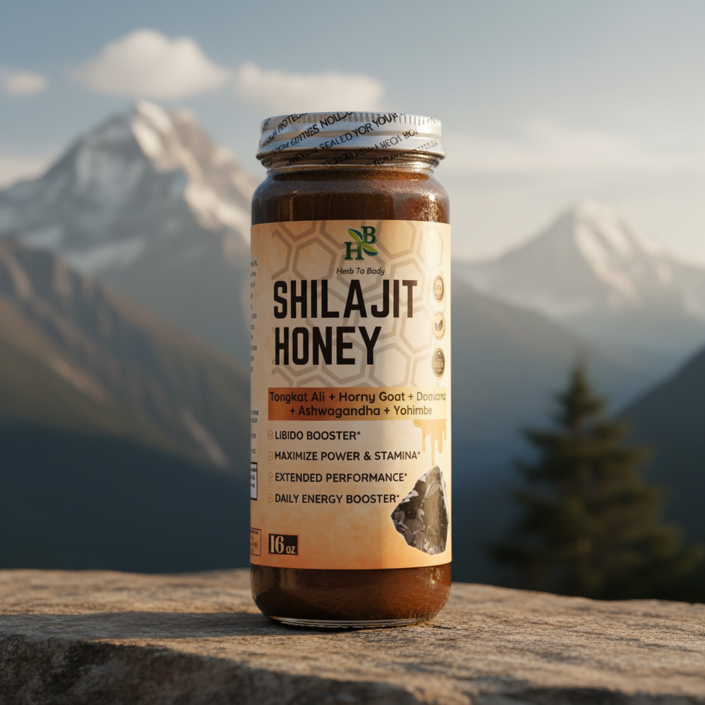 Bottle of Shilajit Honey with mountainous background