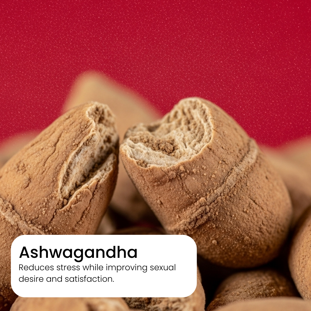 Close-up of dried Ashwagandha roots with a red background and text about its benefits. ashwagandha health benefits for men's health and hormonal balance.