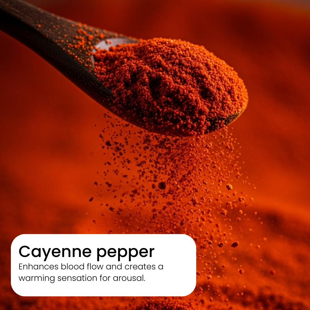 Spoonful of cayenne pepper with a descriptive text overlay on a red background