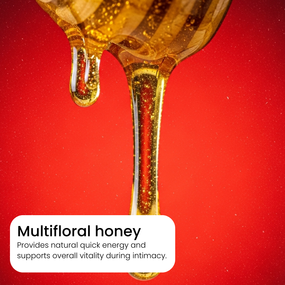 Multifloral honey being poured from a spoon onto a red background with text about its benefits. health benefits of honey.