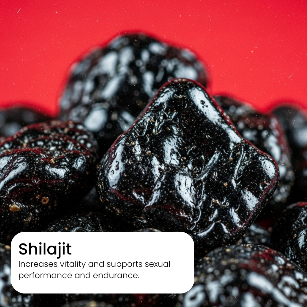 Close-up of Shilajit with a red background and text about its benefits men's health and vitality